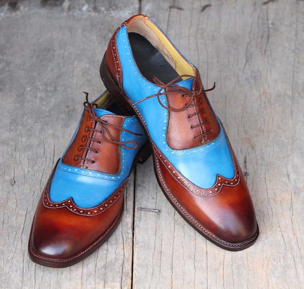 Handmade Men's Tan Blue Leather Wing Tip Lace Up Shoes, Men Designer Dress Formal Luxury Shoes - theleathersouq