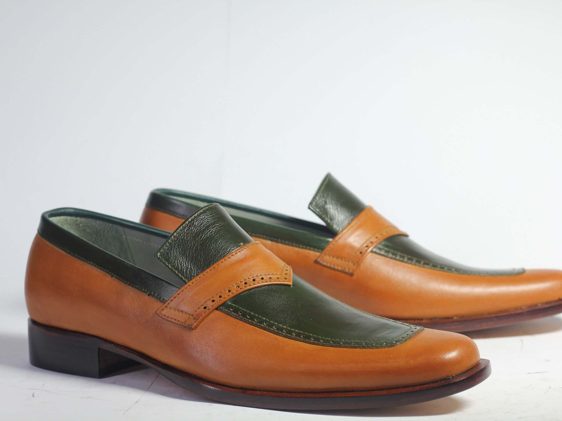 Handmade Men's Green Tan Leather Penny Loafers, Men Designer Dress Luxury Shoes - theleathersouq