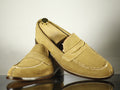 Handmade Men's Beige Split Toe Suede Penny Loafers, Men Designer Dress Luxury Shoes - theleathersouq