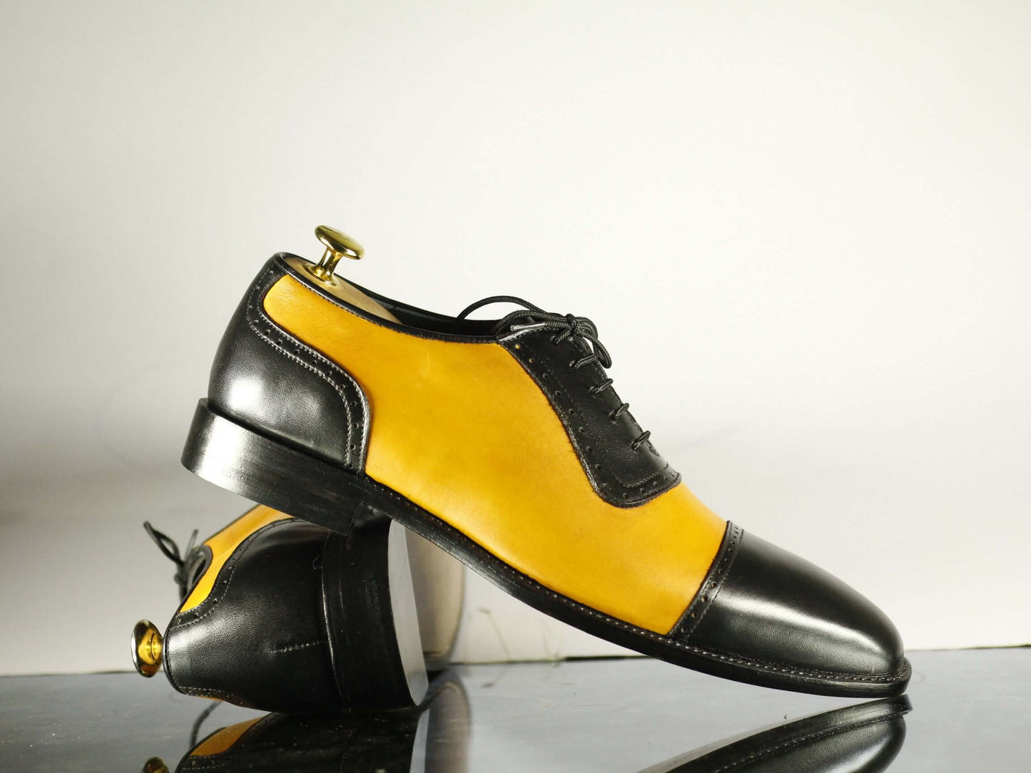 Handmade Men's Black Yellow Leather Cap Toe Lace Up Shoes, Men Designer Dress Formal Luxury Shoes - theleathersouq