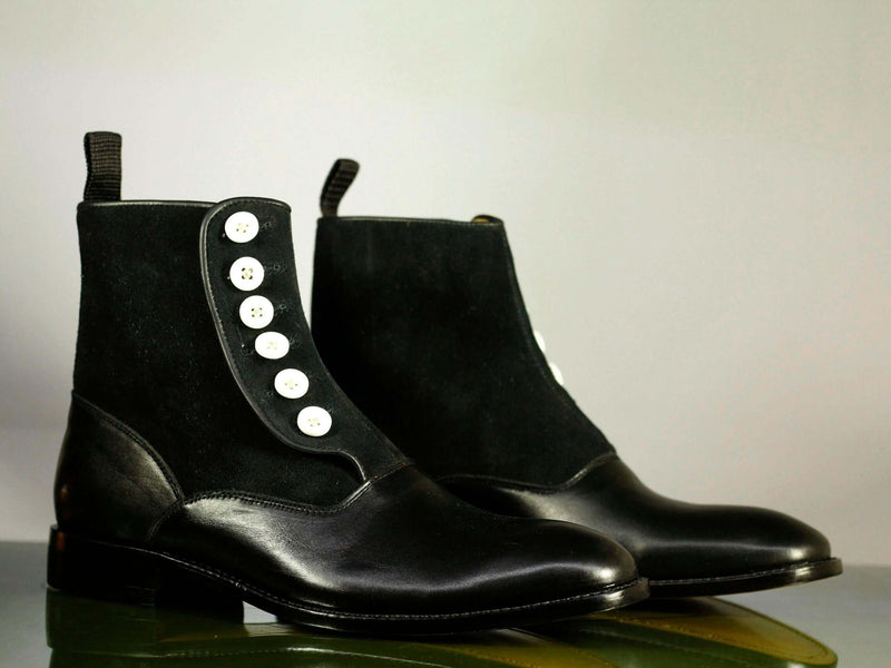 Handmade Men's Black Leather Suede Button Boots, Men Ankle Boots, Men Designer Boots