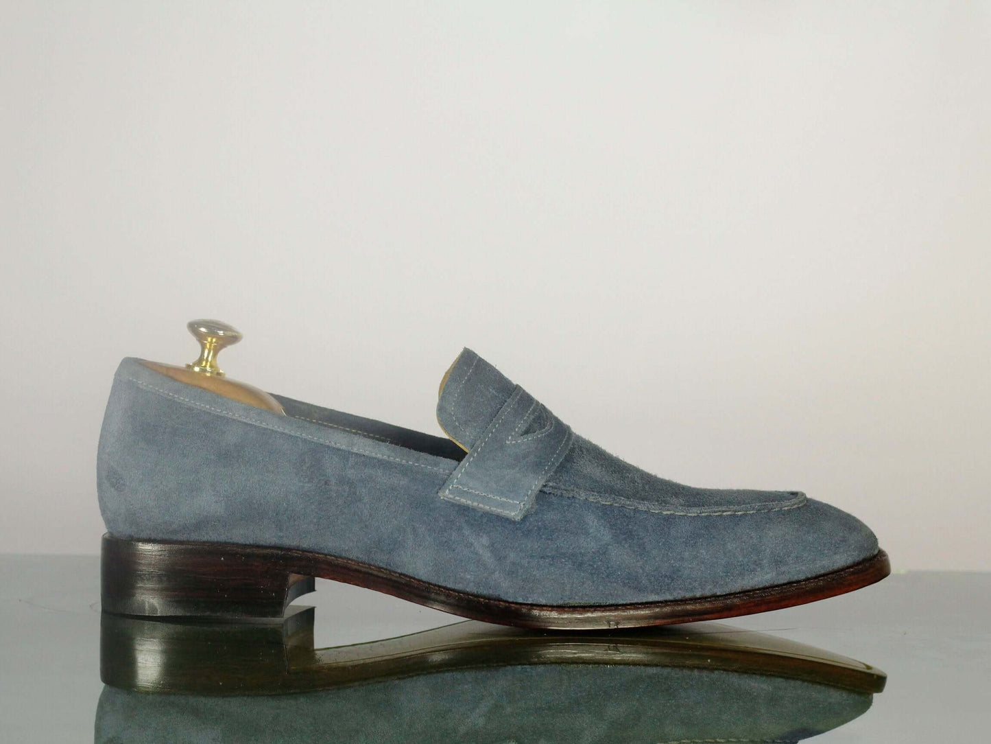 Handmade Men's Gray Suede Penny Loafers, Men Designer Dress Luxury Shoes