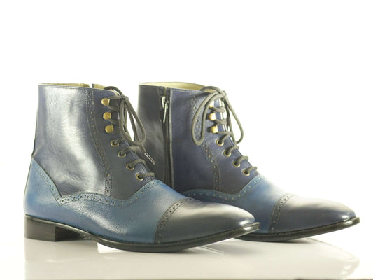 Handmade Men's Two Tone Blue Leather Cap Toe Lace Up & Side Zipper Boots, Men Ankle Boots, Men Designer Boots