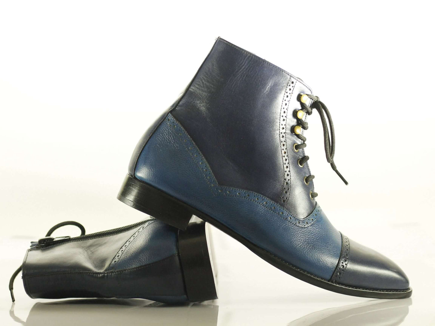 Handmade Men's Two Tone Blue Leather Cap Toe Lace Up & Side Zipper Boots, Men Ankle Boots, Men Designer Boots