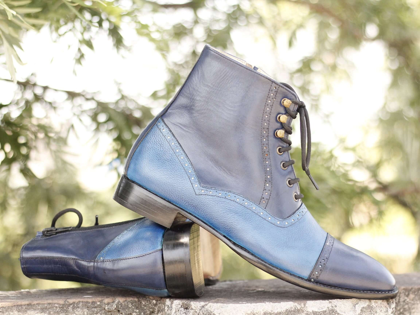 Handmade Men's Two Tone Blue Leather Cap Toe Lace Up & Side Zipper Boots, Men Ankle Boots, Men Designer Boots