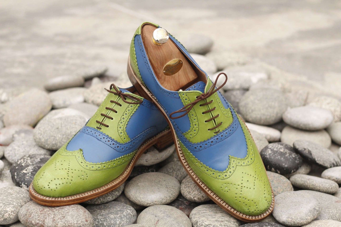 Handmade Men's Green Blue Leather Wing Tip Brogue Lace Up Shoes, Men Designer Dress Formal Luxury Shoes