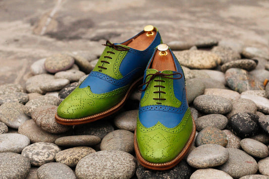 Handmade Men's Green Blue Leather Wing Tip Brogue Lace Up Shoes, Men Designer Dress Formal Luxury Shoes