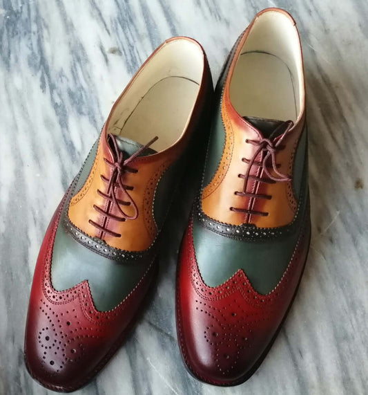 Men's Handmade Multi Color Leather Wing Tip Brogue Lace Up Shoes, Men Designer Dress Formal Luxury Shoes