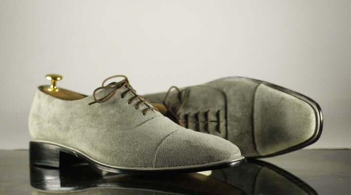 Men's Handmade Gray Suede Cap Toe Lace Up Shoes, Men Designer Dress Formal Luxury Shoes