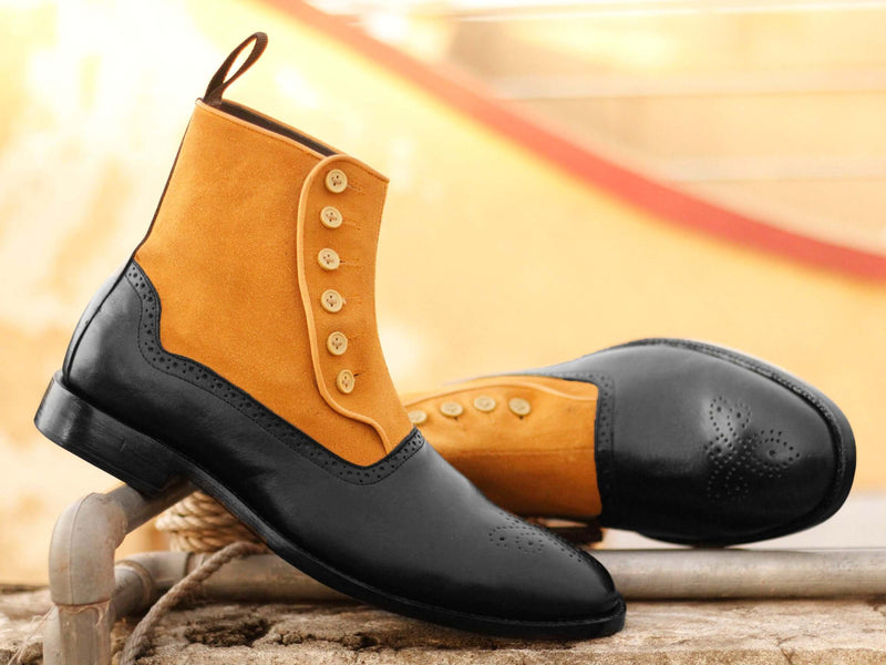 Handmade Men's Tan Black Leather Suede Brogue Toe Button Boots, Men Ankle Boots, Men Designer Boots