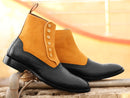 Handmade Men's Tan Black Leather Suede Brogue Toe Button Boots, Men Ankle Boots, Men Designer Boots