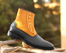 Handmade Men's Tan Black Leather Suede Brogue Toe Button Boots, Men Ankle Boots, Men Designer Boots