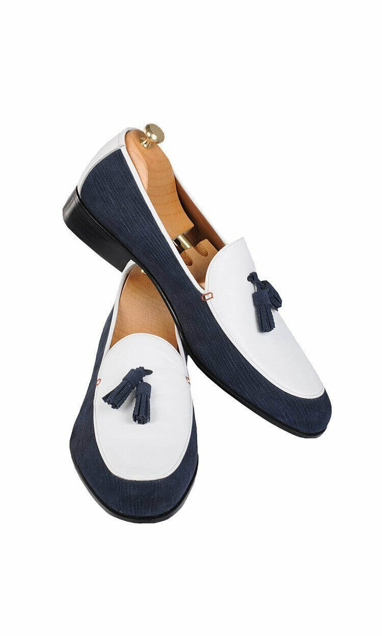 Elegant Blue & White Handmade Tassel Loafers for men, custom dress shoe for men, Men Leather & Corduroy Shoes - theleathersouq