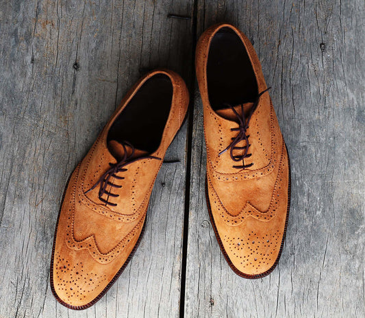 Handmade Men's Tan Suede Wing Tip Brogue Lace Up Shoes, Men Designer Dress Formal Luxury Shoes