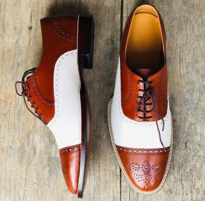 Handmade Men's White Brown Leather Cap Toe Brogue Lace Up Shoes, Men Dress Formal Luxury Shoes