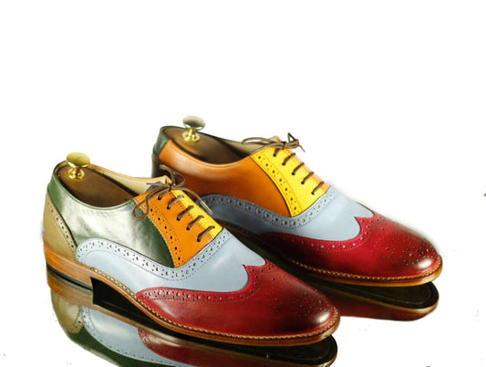 Handmade Men's Multi Color Leather Wing Tip Brogue Lace Up Shoes, Men Designer Dress Formal Shoes