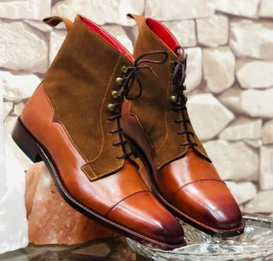 Awesome Handmade Men's Brown Leather Suede Cap Toe Lace Up Boots, Men Ankle Boots, Men Fashion Boots