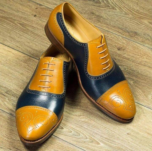 Handmade Men's Blue Yellow Leather Cap Toe Brogue Lace Up Shoes, Men Dress Formal Shoes