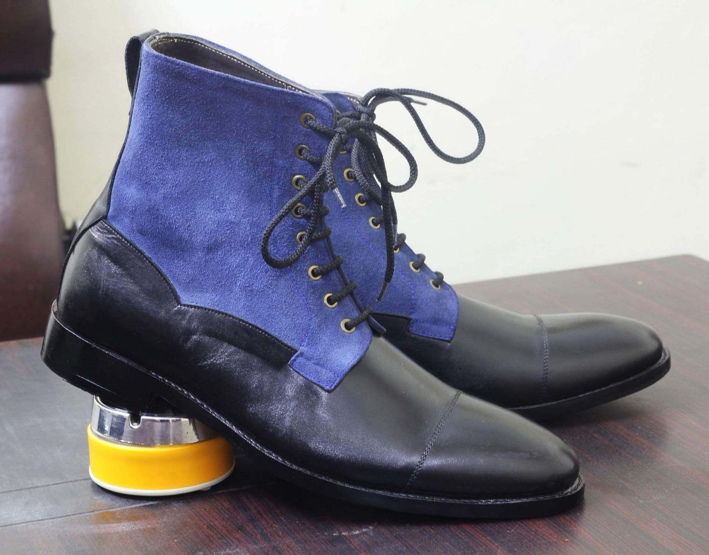 Handmade Men's Black Blue Leather Suede Cap Toe Lace Up Boots, Men Ankle Boots, Men Fashion Boots