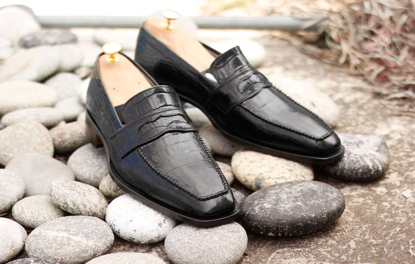 Handmade Men's Black Alligator Textured Leather Penny Loafers, Men Dress Formal Driving Shoes