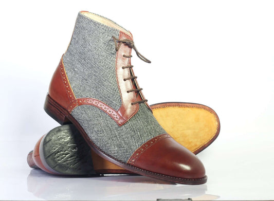 Handmade Men's Gray Brown Leather Tweed Cap Toe Lace Up Boots, Men Ankle Boots, Men Fashion Boots