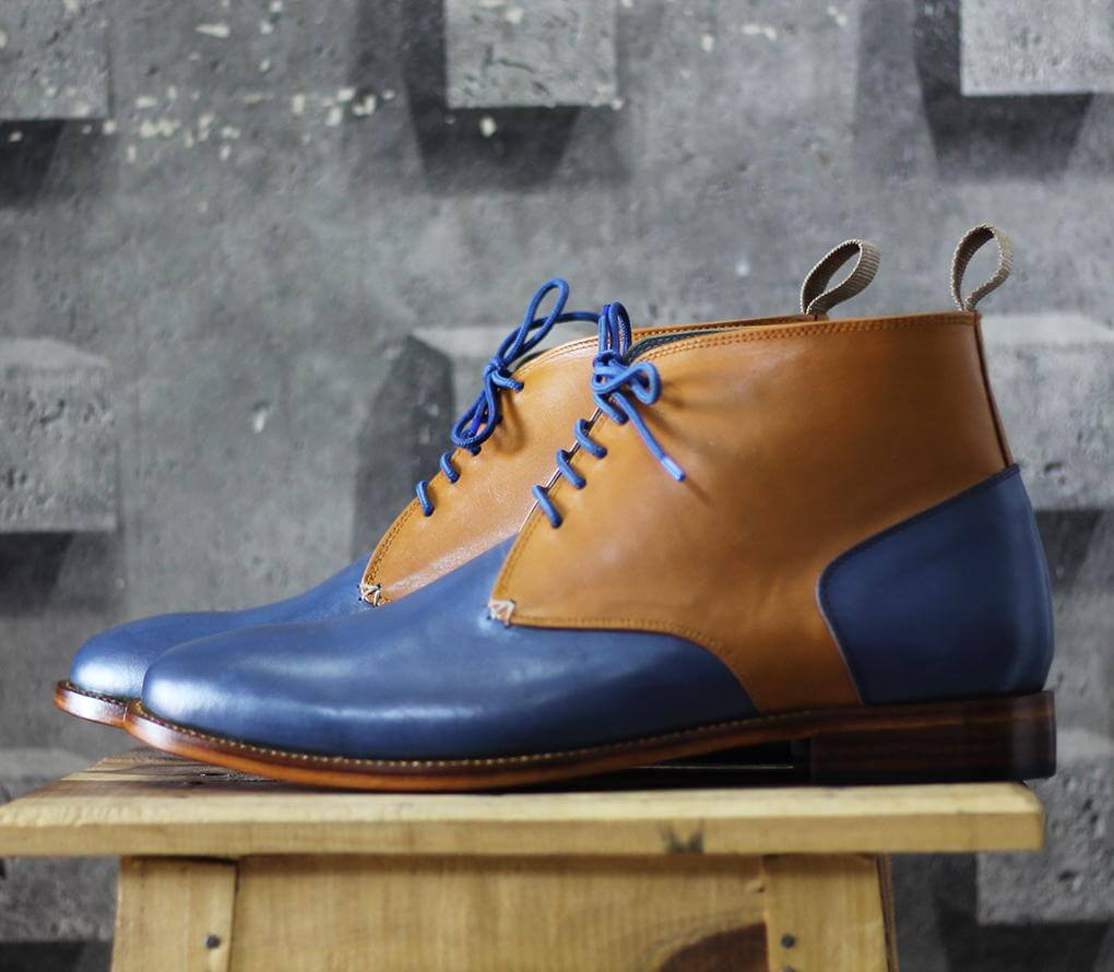 Handmade Men's Tan Blue Leather Chukka Lace Up Boots, Men Ankle Boots, Men Fashion Boots