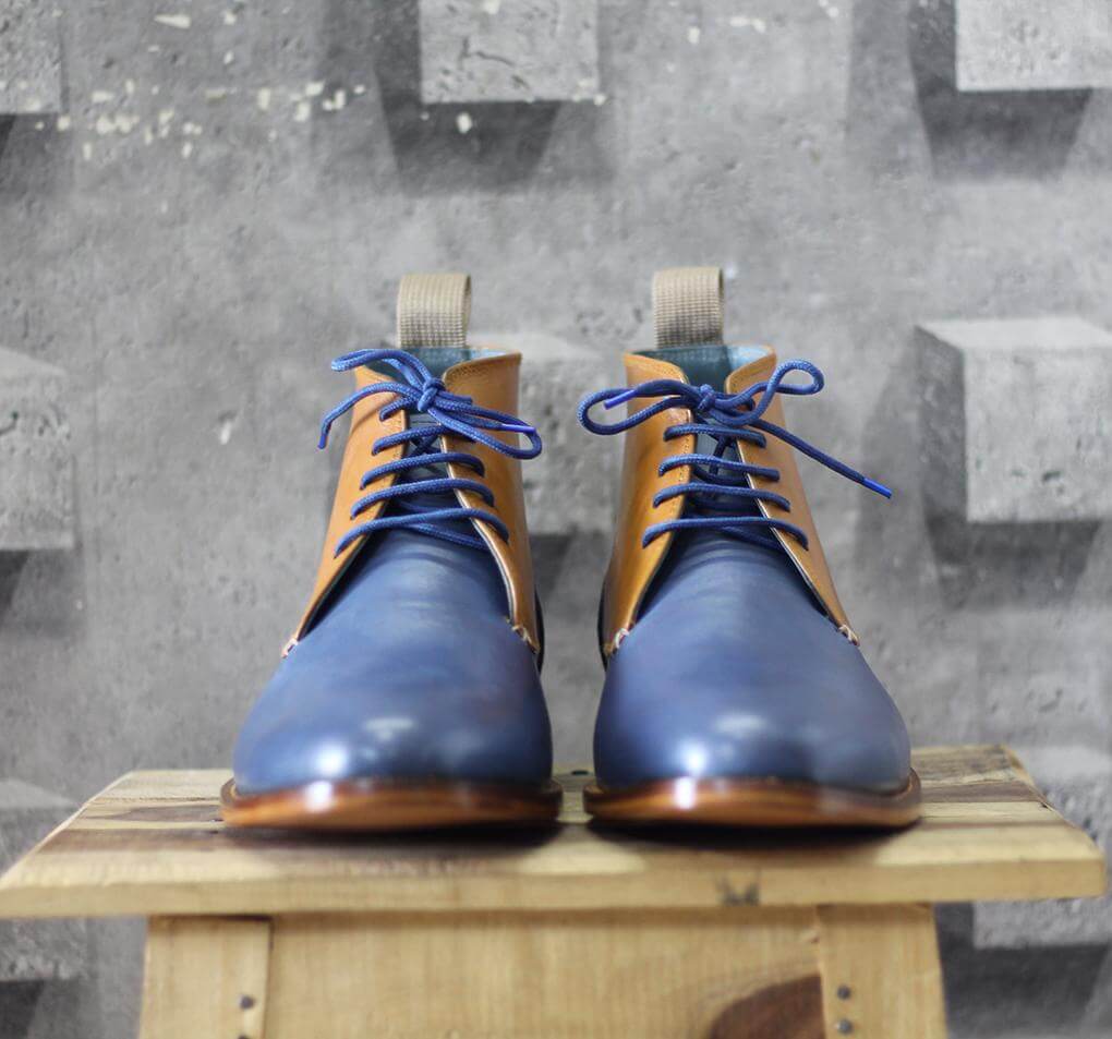 Handmade Men's Tan Blue Leather Chukka Lace Up Boots, Men Ankle Boots, Men Fashion Boots