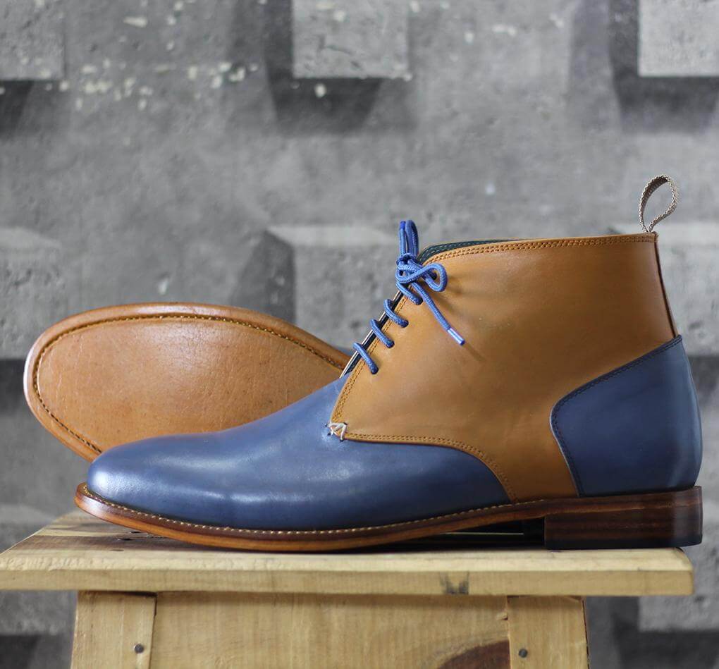 Handmade Men's Tan Blue Leather Chukka Lace Up Boots, Men Ankle Boots, Men Fashion Boots