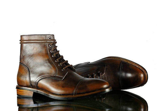 Handmade Men's Antique Brown Leather Cap Toe Lace Up Boots, Men Ankle Boots, Men Fashion Boots