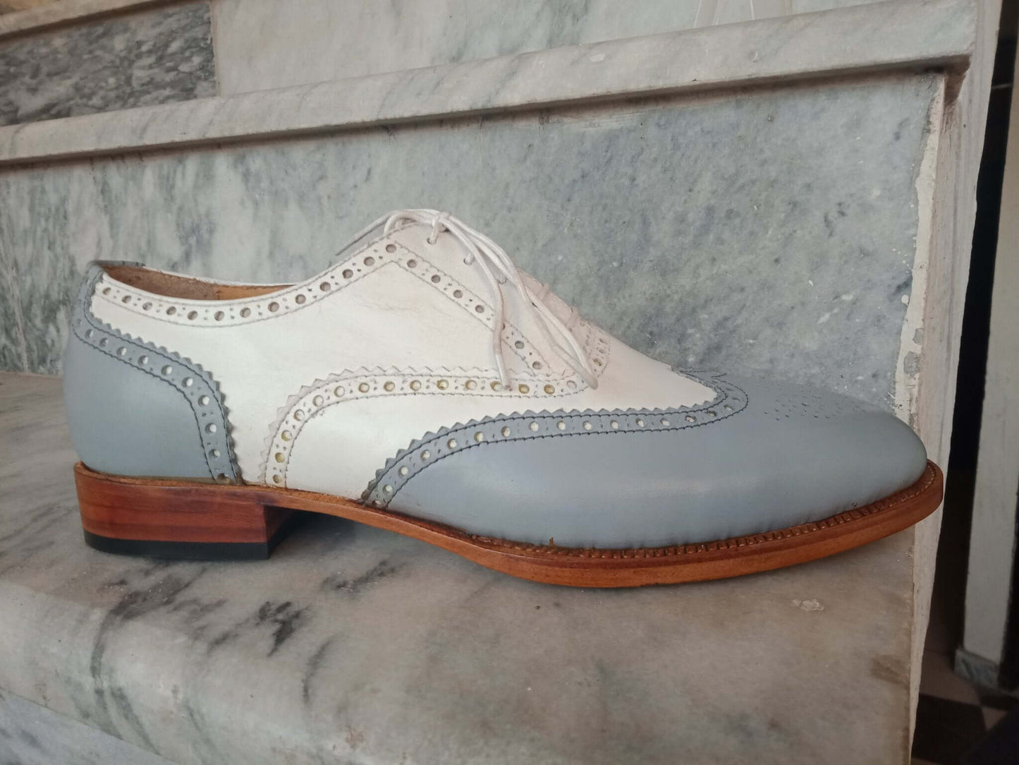 Handmade Men's White Gray Leather Wing Tip Brogue Lace Up Shoes, Men Dress Formal Shoes