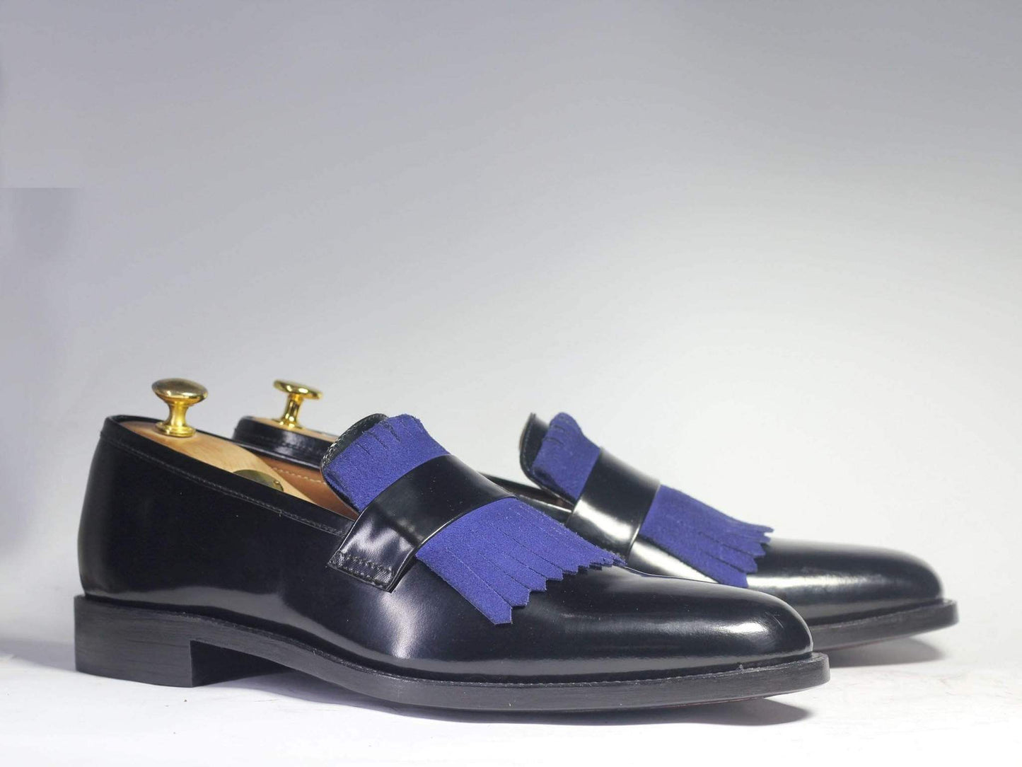 New Handmade Men's Black Blue Leather Suede Fringes Loafer, Men Dress Formal Shoes