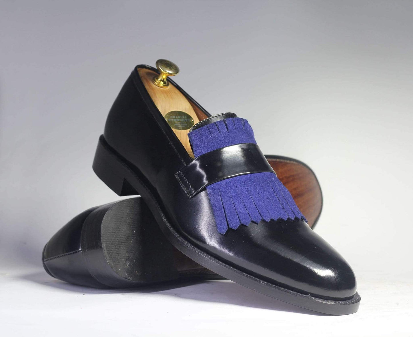 New Handmade Men's Black Blue Leather Suede Fringes Loafer, Men Dress Formal Shoes