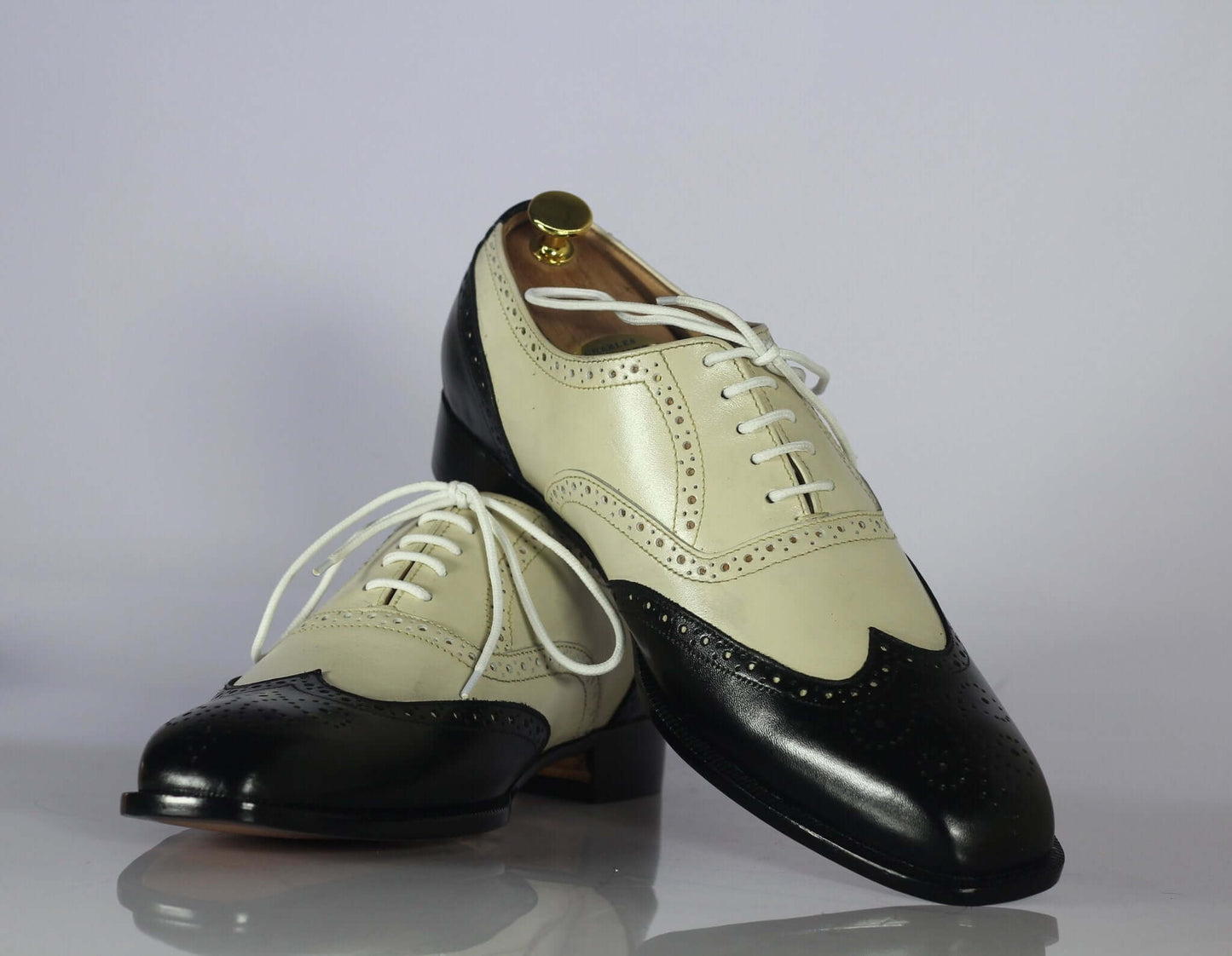 New Handmade Men's Black Off-White Leather Wing Tip Brogue Lace Up Shoes, Men Dress Formal Shoes