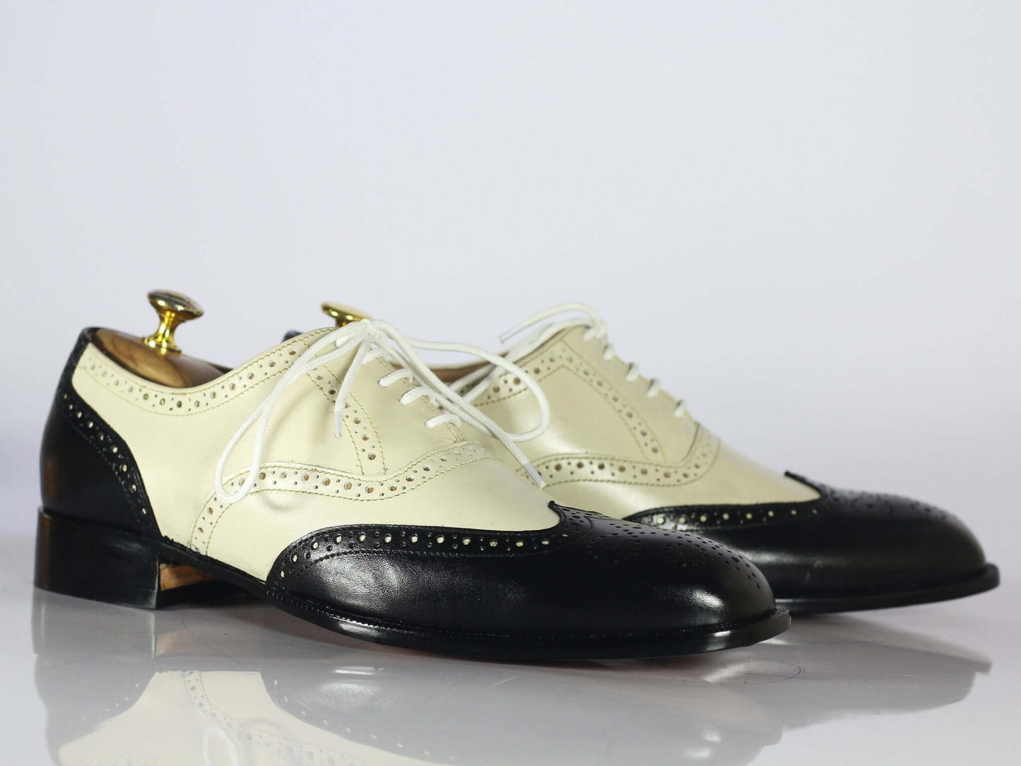 New Handmade Men's Black Off-White Leather Wing Tip Brogue Lace Up Shoes, Men Dress Formal Shoes