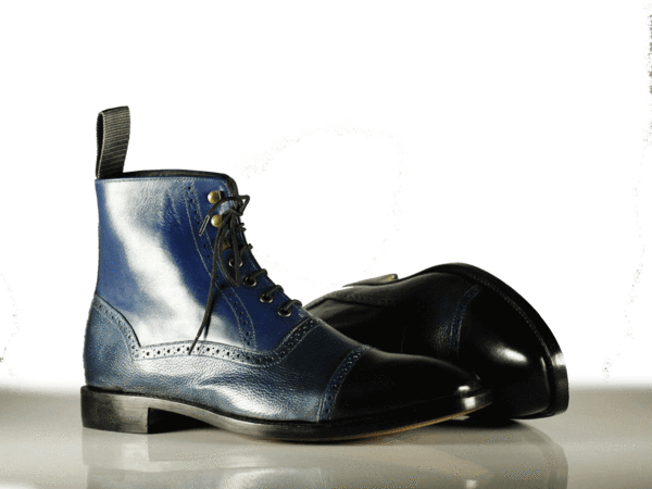 Handmade Men's Navy Blue Leather Cap Toe Lace Up Boots, Men Ankle Boots, Men Fashion Boots