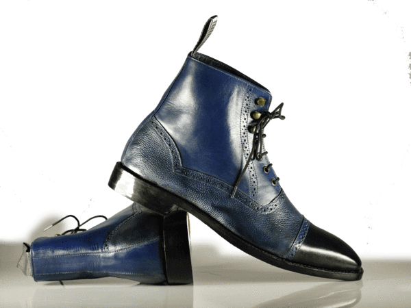 Handmade Men's Navy Blue Leather Cap Toe Lace Up Boots, Men Ankle Boots, Men Fashion Boots