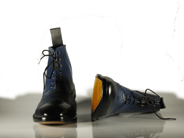 Handmade Men's Navy Blue Leather Cap Toe Lace Up Boots, Men Ankle Boots, Men Fashion Boots