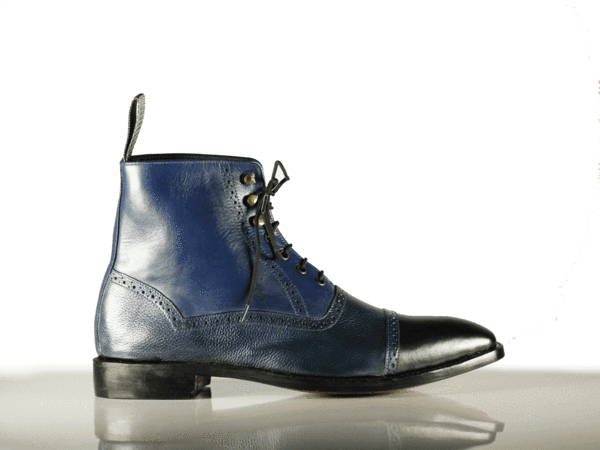 Handmade Men's Navy Blue Leather Cap Toe Lace Up Boots, Men Ankle Boots, Men Fashion Boots