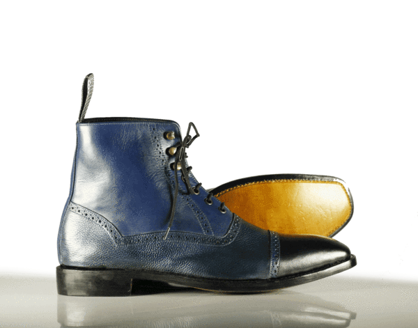 Handmade Men's Navy Blue Leather Cap Toe Lace Up Boots, Men Ankle Boots, Men Fashion Boots