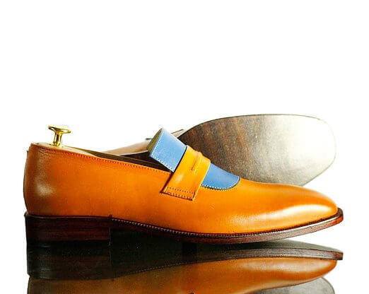 New Handmade Men's Tan Blue Leather Penny Loafers, Men Dress Fashion Driving Shoes