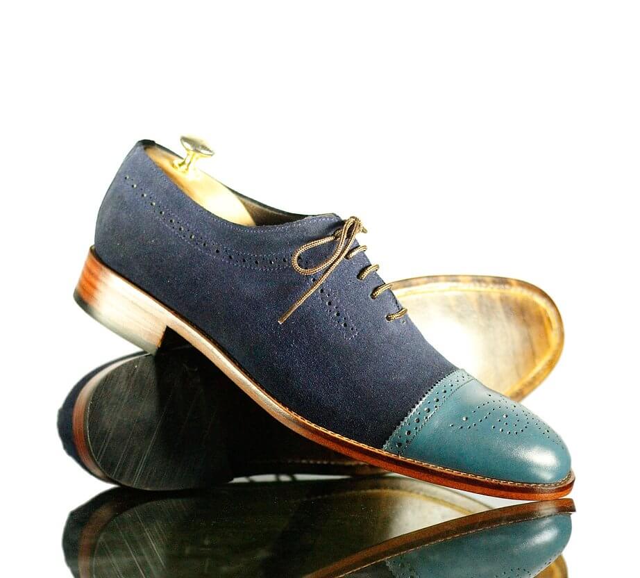 New Handmade Men's Blue Leather Cap Toe Brogue Lace Up Shoes, Men Dress Formal Shoes