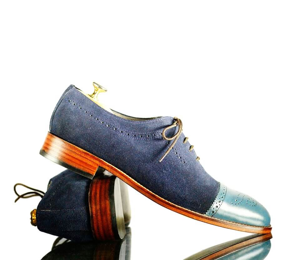 New Handmade Men's Blue Leather Cap Toe Brogue Lace Up Shoes, Men Dress Formal Shoes