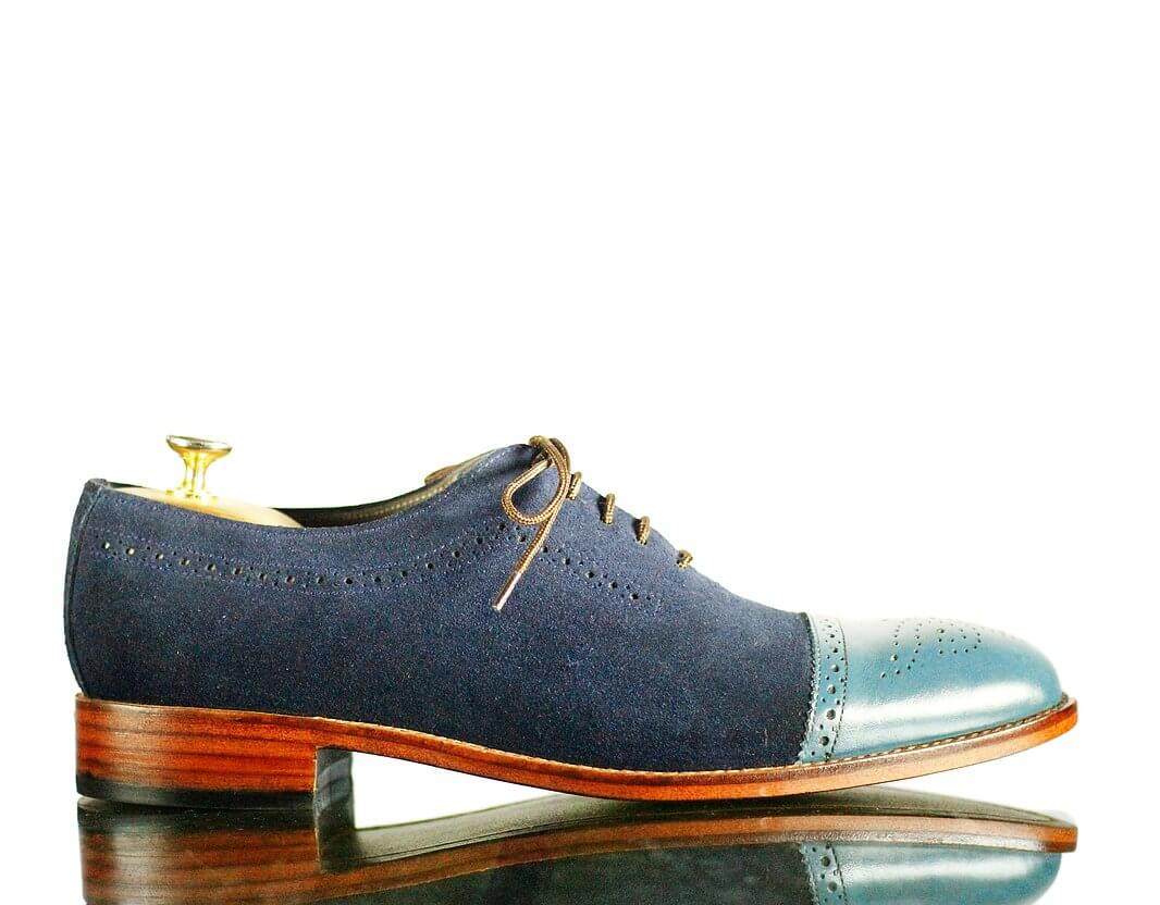 New Handmade Men's Blue Leather Cap Toe Brogue Lace Up Shoes, Men Dress Formal Shoes