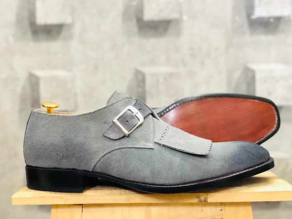 Handmade Men's Gray Suede Monk Strap Shoes, Men Fringed Dress Formal Shoes - theleathersouq