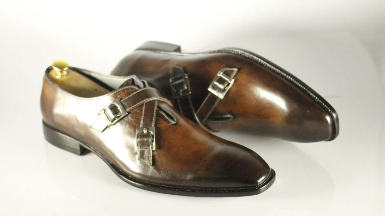 Handmade Men's Brown Leather Double Monk Strap Shoes, Men Dress Formal Shoes