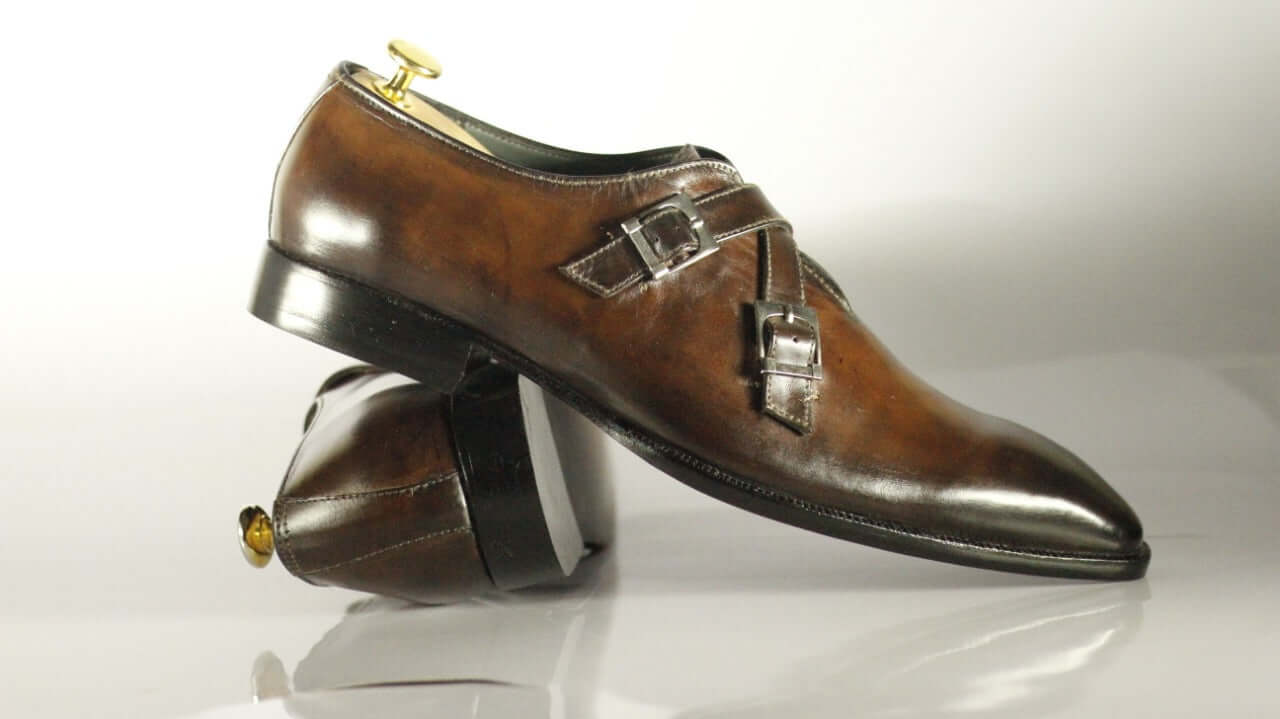 Handmade Men's Brown Leather Double Monk Strap Shoes, Men Dress Formal Shoes