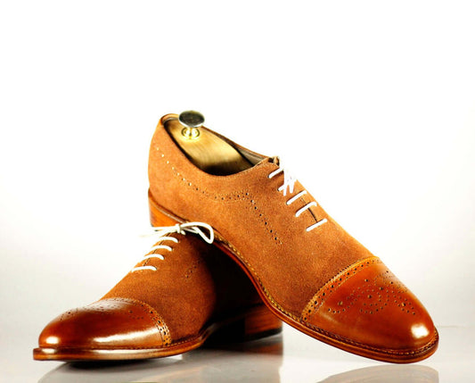 New Handmade Men's Brown Leather Suede Cap Toe Brogue Lace Up Shoes, Men Dress Formal Shoes