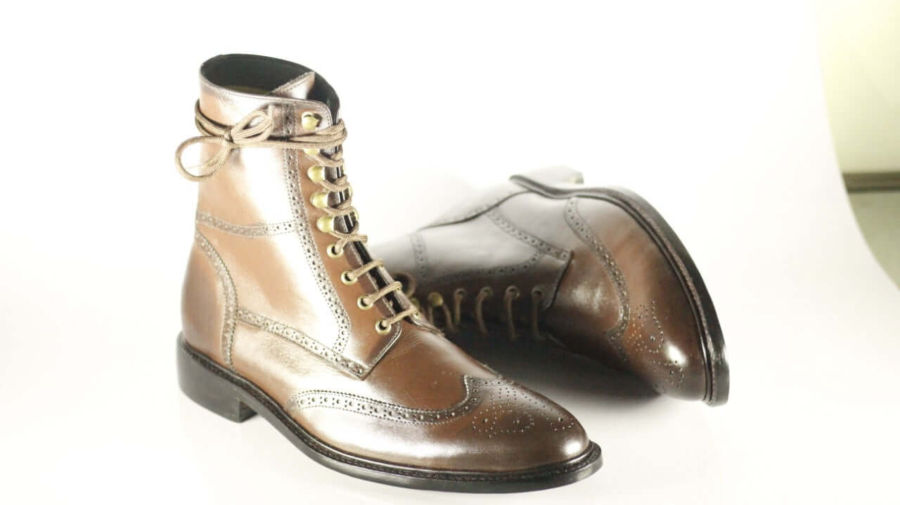 Handmade Men's Brown Leather Wing Tip Brogue Lace Up Boots, Men Ankle Boots, Men Fashion Boots