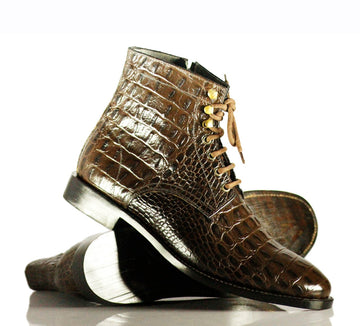 New Handmade Men's Brown Alligator Textured Leather Lace Up & Side Zipper Boots, Men Ankle Boots, Men Fashion Boots