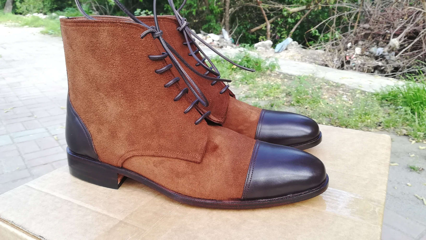 Handmade Men's Brown Leather Suede Cap Toe Lace Up Boots, Men Ankle Boots, Men Fashion Boots